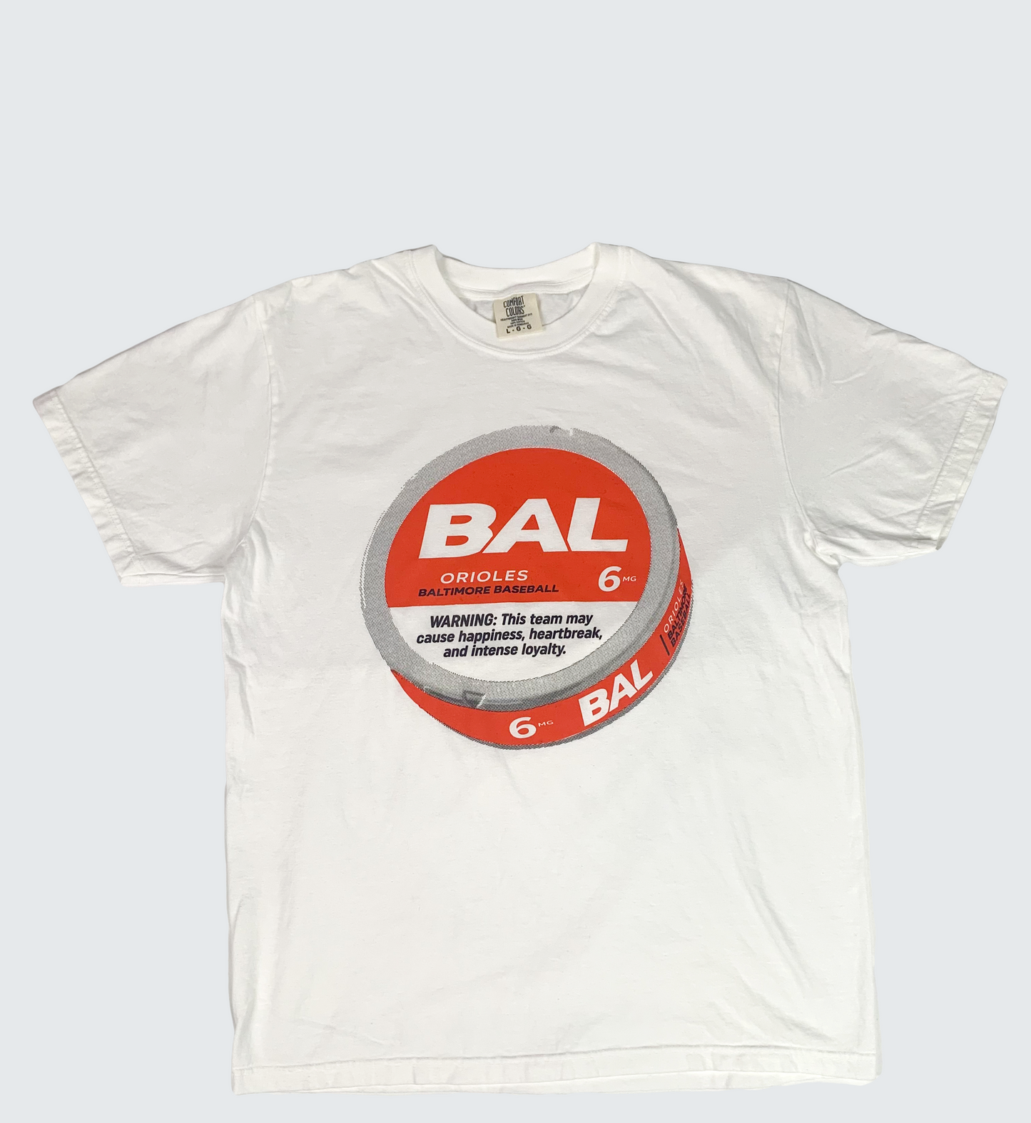An image of a white short-sleeve T-shirt with a crewneck and a relaxed fit. The front of the T-Shirt features an illustration of a ZYN cannister in black and orange.
This shirt is made from soft ring-spun cotton for comfort and durability.