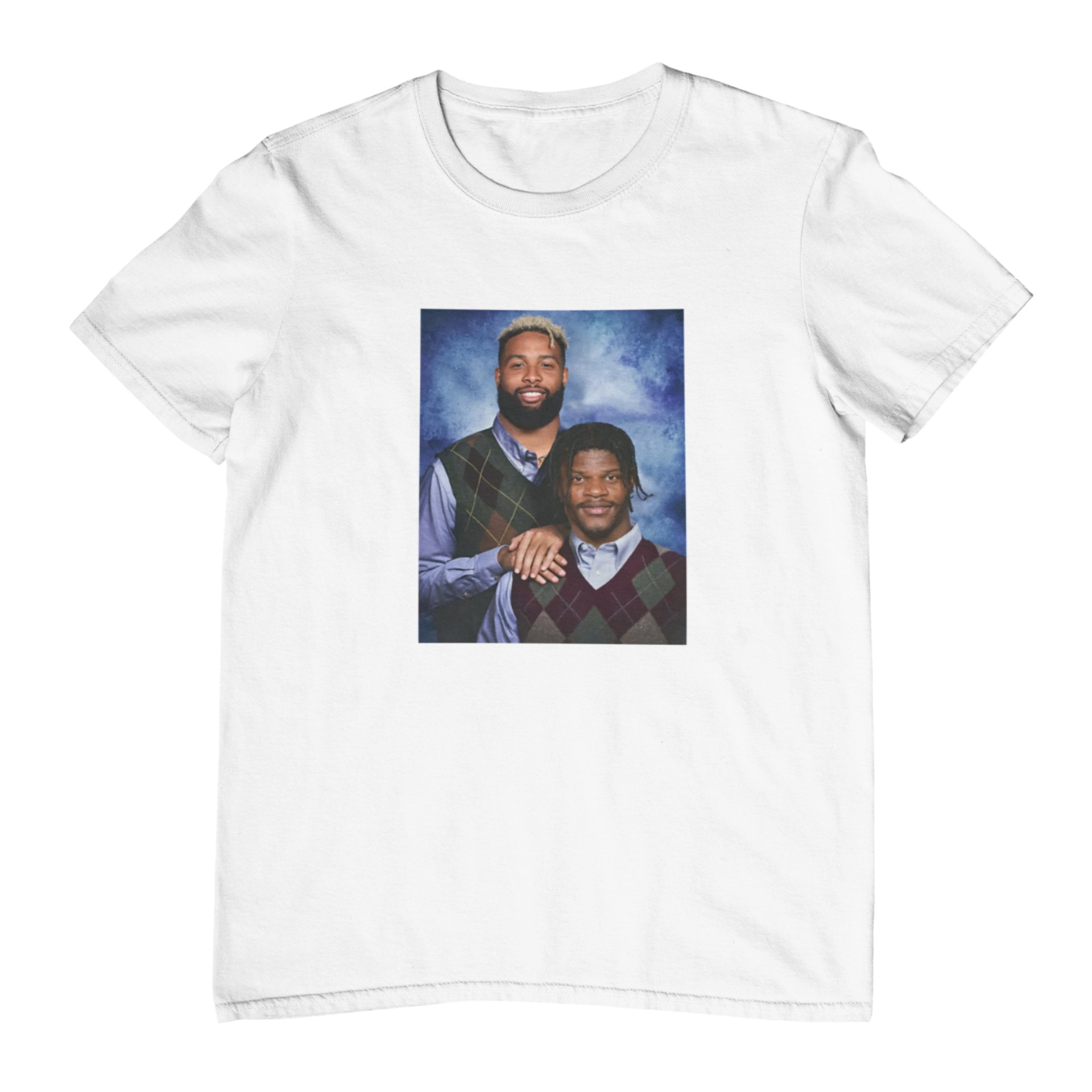 File Description: This image depicts a humorous family portrait on a T-shirt. Lamar Jackson and Odell Beckham Jr. are seated together, recreating the iconic "Stepbrothers" movie poster. The two football stars are dressed casually and share a comical resemblance to the movie characters, adding a touch of fun to the design.