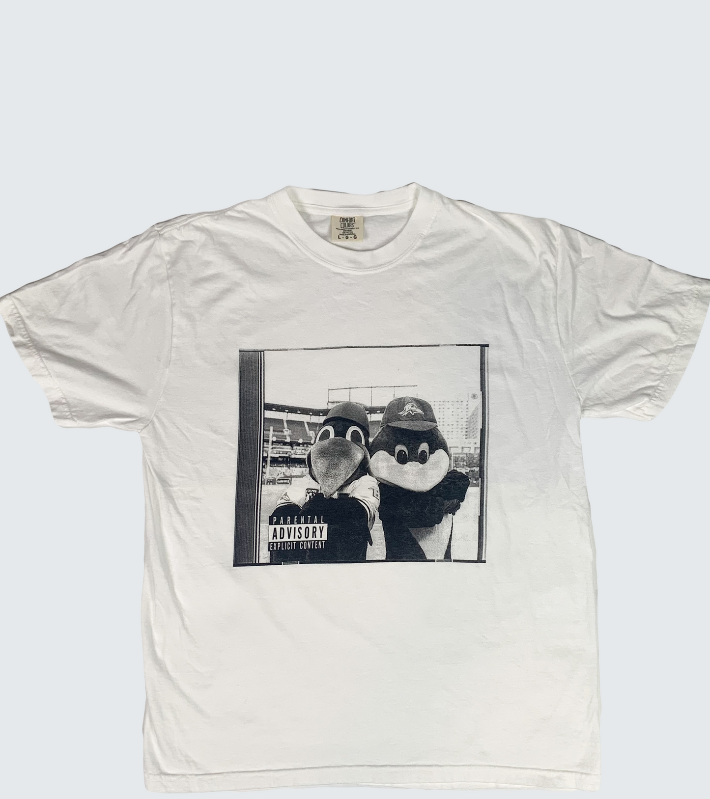 An image  of a white short-sleeve T-shirt with a crewneck and a relaxed fit. The front of the T-Shirt features an illustration of of two baseball mascots. The illustration is one color, which is black. This shirt is made from soft ring-spun cotton for comfort and durability.