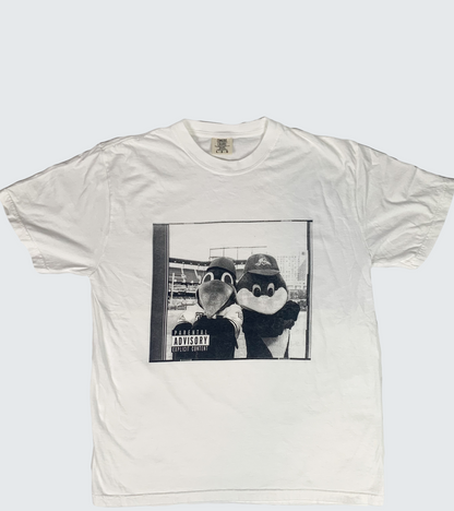 An image  of a white short-sleeve T-shirt with a crewneck and a relaxed fit. The front of the T-Shirt features an illustration of of two baseball mascots. The illustration is one color, which is black. This shirt is made from soft ring-spun cotton for comfort and durability.