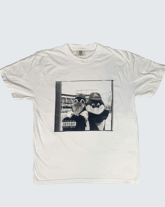 An image  of a white short-sleeve T-shirt with a crewneck and a relaxed fit. The front of the T-Shirt features an illustration of of two baseball mascots. The illustration is one color, which is black. This shirt is made from soft ring-spun cotton for comfort and durability.