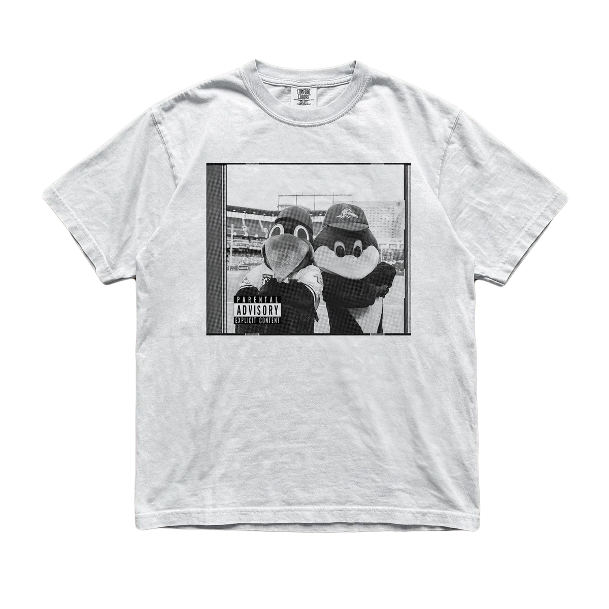A light gray heather crewneck t-shirt featuring a black and white graphic print of two penguin mascots posing together with a 'Parental Advisory' label overlay, displayed flat against a white background.