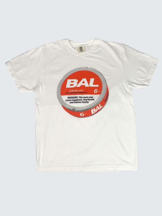 An image  of a white short-sleeve T-shirt with a crewneck and a relaxed fit. The front of the T-Shirt features an illustration of a ZYN cannister in black and orange.

This shirt is made from soft ring-spun cotton for comfort and durability.