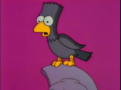 This picture is a screen grab from The Simpsons Treehouse of Horror, which aired on October 25, 1990. It is the second season of the series. In this picture Bart Simpson is pictured as a raven sitting upon a statue, with a purple backdrop. 